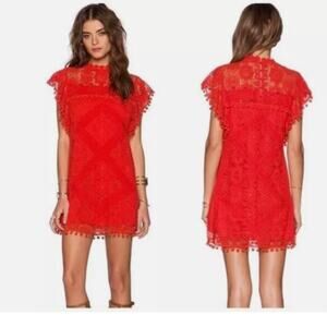 NWT Tularosa Revolve Clayton Tunic Lace Pompom Crochet Mini Dress, Size Small